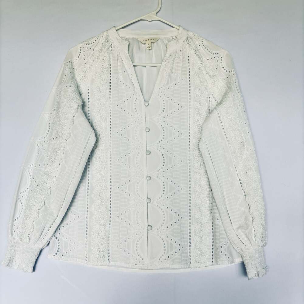 Adiva White Eyelet Lace Button-Down Blouse Size S